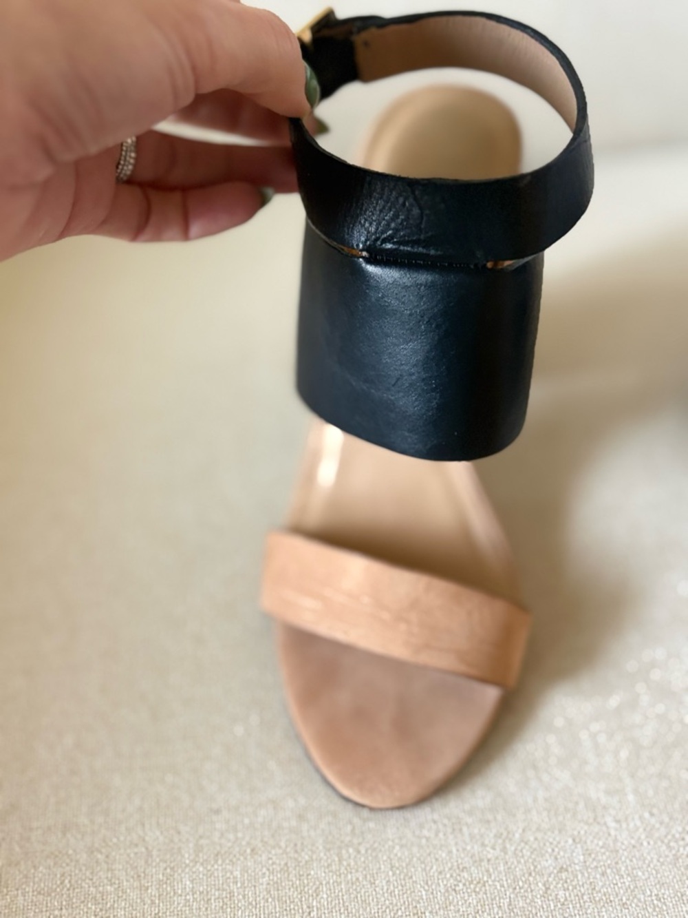 Elizabeth and James (2007) Black and Tan Block Heel Sandals with Gold Buckle - Picture 6 of 8